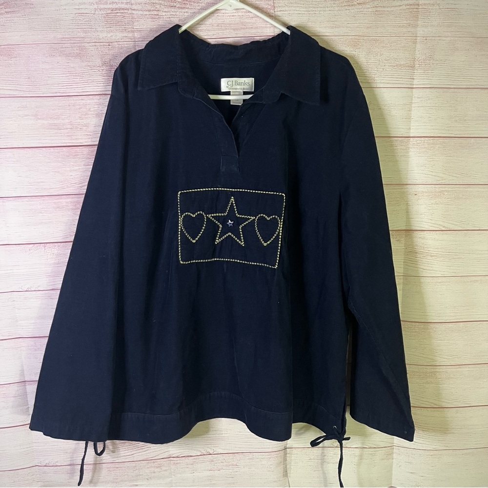 CJ Banks Navy Blue 100% Cotton Embroidered Heart Pullover Shirt Size 1X